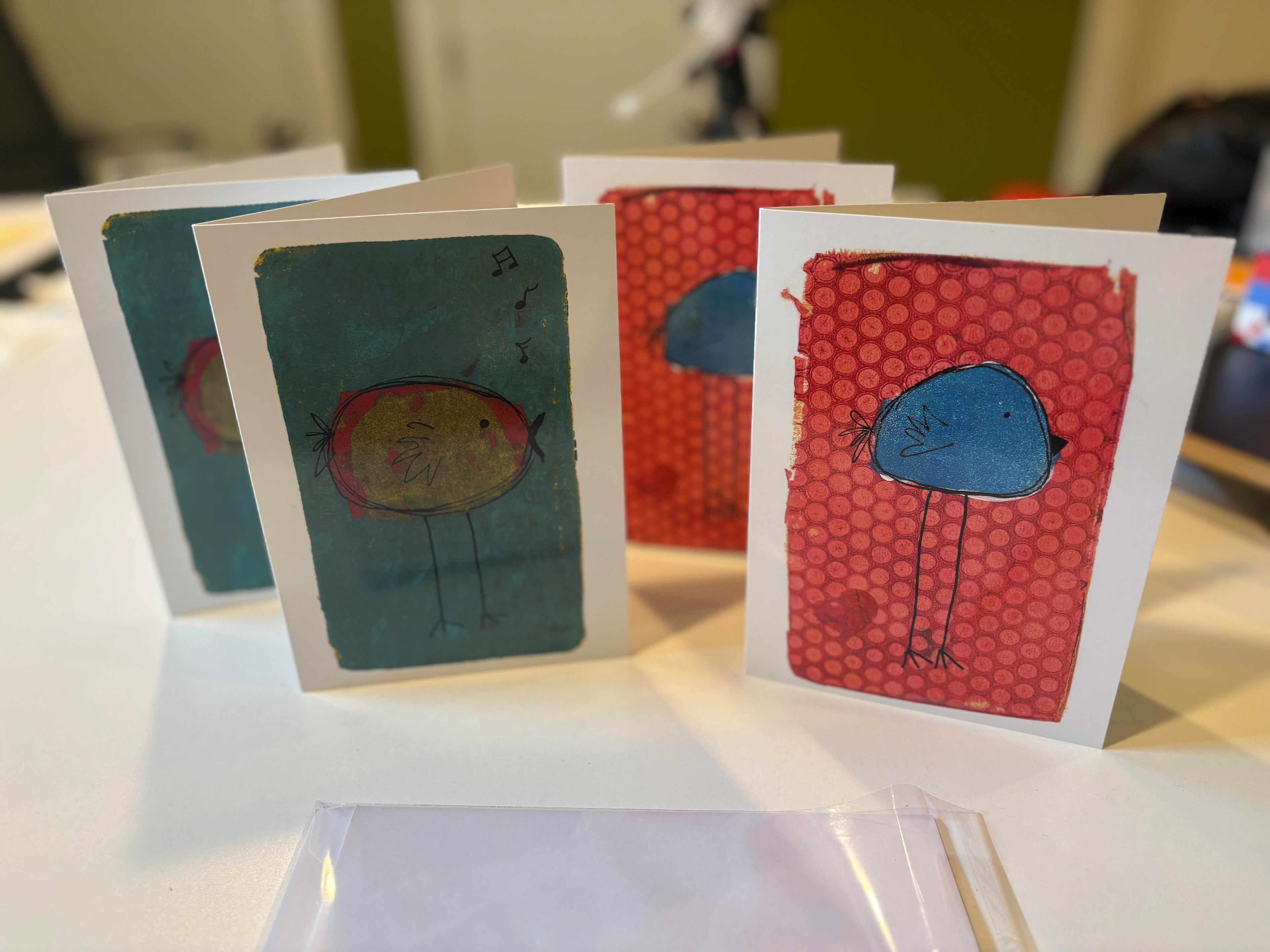 Whimsical Birds - 4 pack of blank greeting cards with envelopes